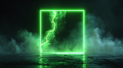 Glowing Square Frame with Lightning and Mist in Green Light