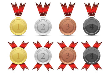 Set of medal podiums with ribbons isolated on white background