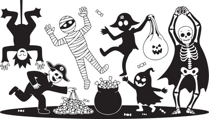 Obraz premium Halloween Characters Collection: Mummy, Skeleton, Ghosts, and Candy - Vector Set