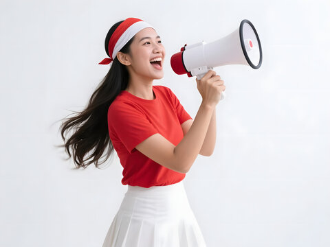 An enthusiastic Indonesian woman wearing a red t-shirt and a knee-length white skirt, passionately holding a medium size white megaphone expressing happiness of indonesia Independence Day.