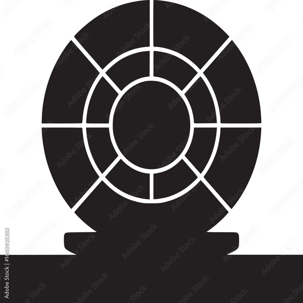 Aufkleber a black and white graphic of a circular object with white lines on a dark surface casting a shadow