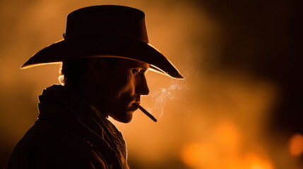 Western cowboy smoking under hat by campfire portrait lifestyle shot rustic outdoors warm environment