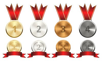 Gold, silver and bronze medals with ribbons isolated on white background
