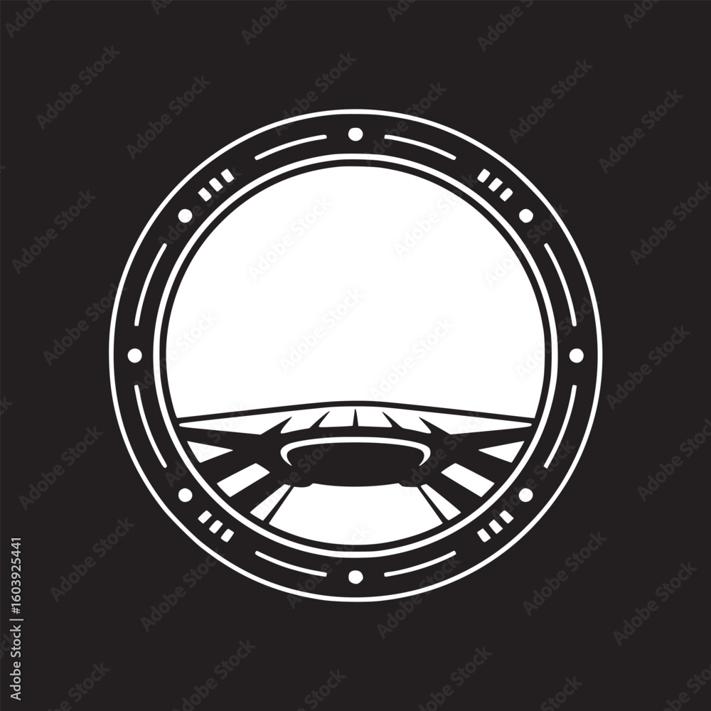 Aufkleber a white circle with lines and dots surrounding a horizon and oval shape on a black background design