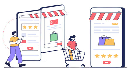 Obraz premium People shopping online using mobile apps with awning design and shopping cart in a digital marketplace