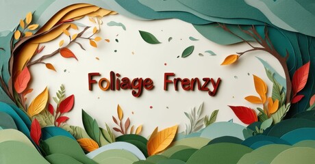Papercraft illustration depicts autumn foliage. Vibrant colors create whimsical forest scene. Text reads Foliage Frenzy.