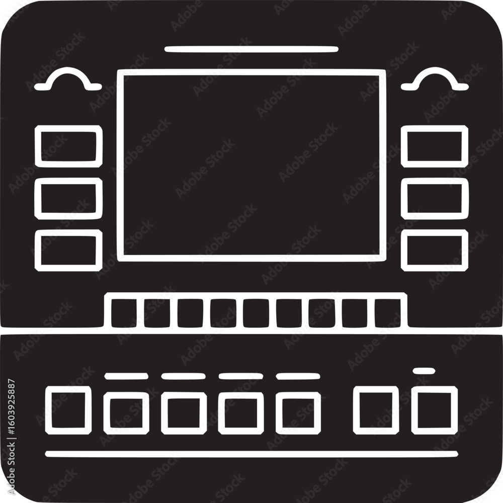 Poster a black and white illustration of a machine with a screen and buttons on the front panel design