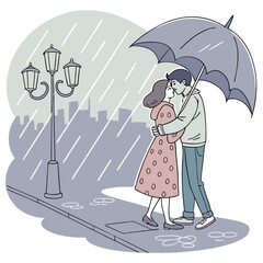 A couple embracing under an umbrella in the rain with a cityscape and lamppost in the background scene