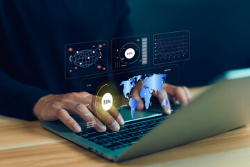 Business analysts use computers and dashboards to analyze data and metrics connected to databases...