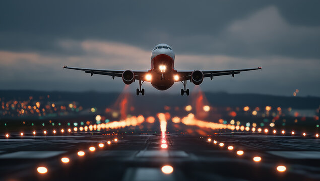 An airplane landing on the runway with flashing lights, suitable for aviation, travel, and transportation - related materials.