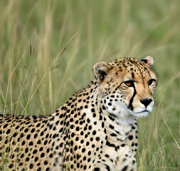 Naklejka premium A stunning side profile portrait of a cheetah in a field of tall grass, a beautiful and majestic wild cat in the wild.