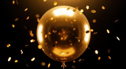 Black studio setting with gold luxury balloon and confetti festive party and New Year concept.