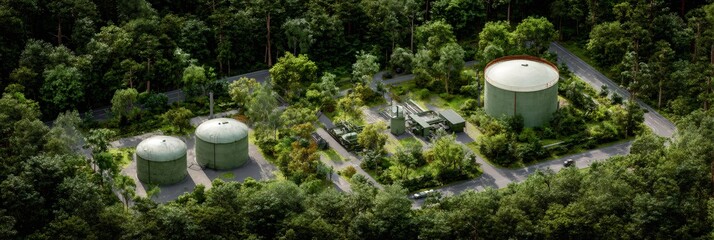 Aerial view of a fuel storage facility nestled within a lush green forest, depicting industrial and environmental coexistence.