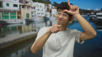 Man in white t shirt and glasses makes l gesture on forehead at port with boats visible, smiling;...