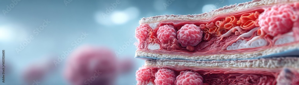 Poster bladder wall with nervous concept. detailed microscopic view of cellular structures and activities.
