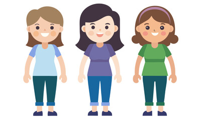 Fototapeta premium Three diverse cartoon women standing together smiling