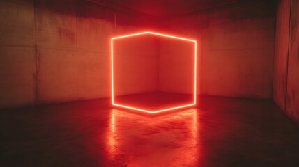 Neon red cube in a dark room