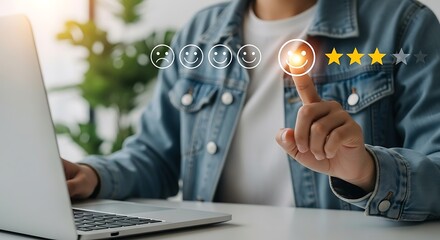 Customer satisfaction survey with positive feedback and star rating on screen