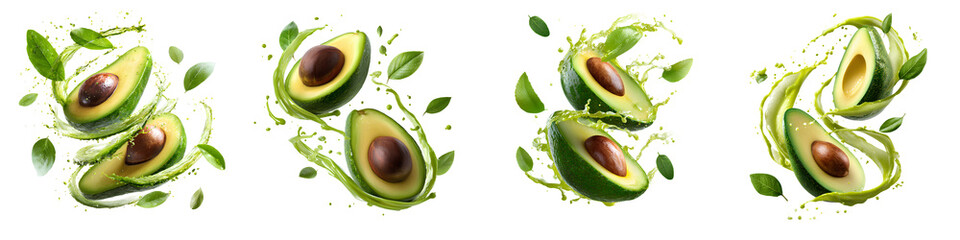 Fresh avocado halves and slices in motion isolated on transparent background