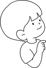 A boy pointing to the side with his hand
