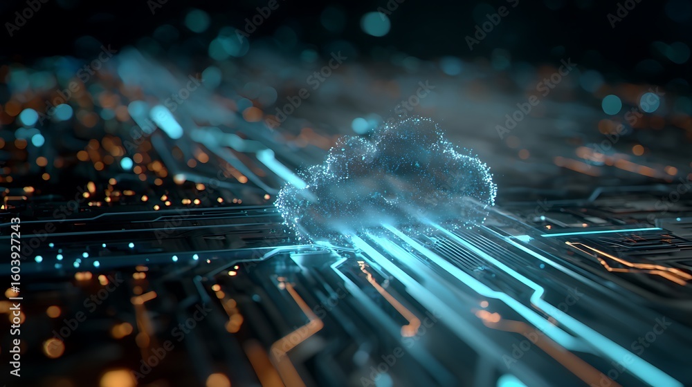 Poster cloud computing concept with glowing lines and digital design
