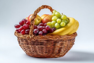 Brown Wicker Basket Filled with Red and Green Grapes Apples Pears and Bananas on White Background