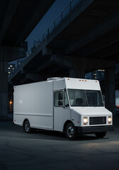 Naklejka premium White delivery van under urban overpass at night
