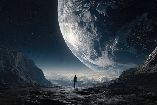 A solitary figure gazes at a large planet above a mountainous landscape