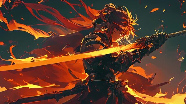 video of dynamic anime warrior wielding a flaming sword in an epic action stance