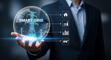 Smart grid technology and network infrastructure displayed in a glass sphere