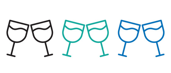 Clinking Wine Glass Icons. Celebratory Line Art in Black, Green, and Blue for Party and Toast Themes.