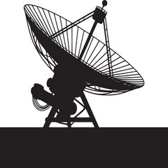 Silhouette of a satellite dish antenna against a white background with a dark ground silhouette below it