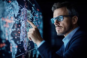 Professional man interacts with digital map, showcasing data visualization and technology corporate environment. His focused expression highlights