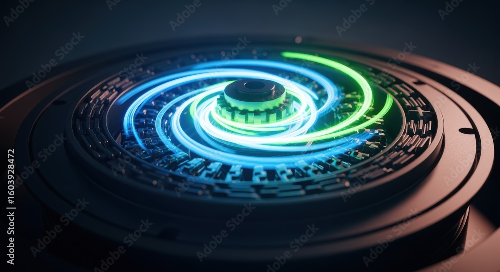 Poster highspeed capture of circular machinery component with glowing light effects.