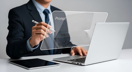 Businessman interacting with a holographic prompt interface on a laptop