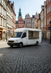 Obraz premium White food truck in a European city street