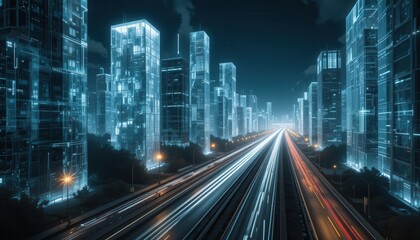 Obraz premium Cyber Cityscape: A visionary depiction of a futuristic city, where towering skyscrapers of light define the horizon, and streaks of vehicle lights illuminate the roads