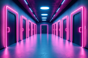 Vibrant corridor featuring multiple doors illuminated by neon pink lights, creating futuristic and cyberpunk atmosphere. sleek design and glowing