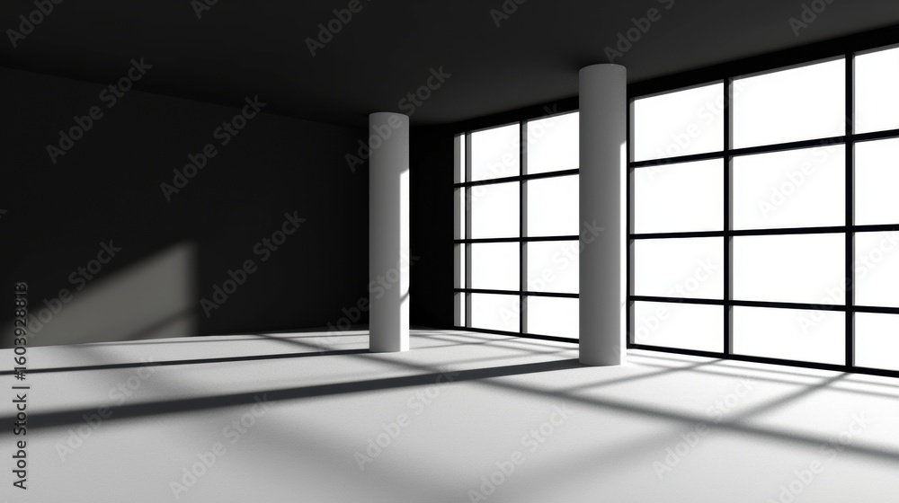 Poster a minimalist black and white room with two columns and a large window.