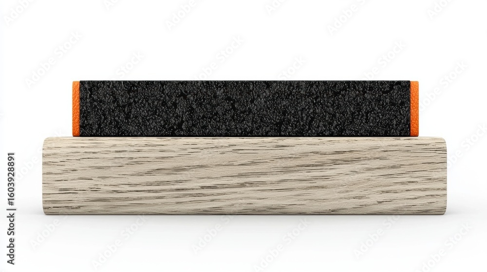 Poster a black rectangular object with an orange border sits atop a light-colored wooden block.