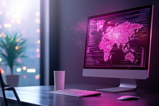 Modern workspace featuring computer displaying vibrant, neon lit world map with data visualizations. atmosphere is futuristic and tech inspired