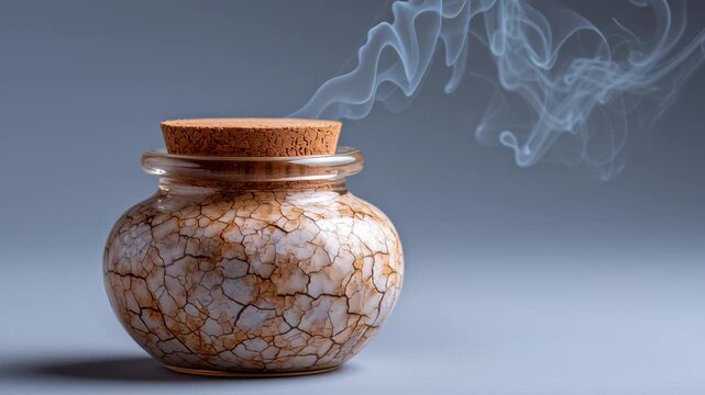 Mysterious ancient alchemy jar with magic potion releasing enchanting smoke. mystical fantasy elixir rising