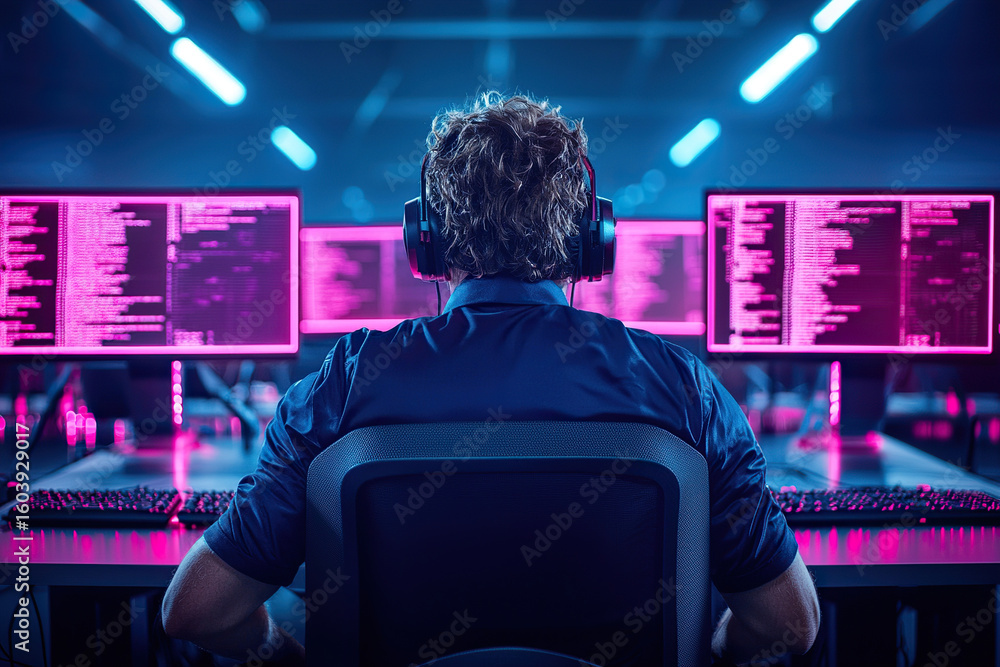 Poster person in cyberpunk themed workspace, surrounded by multiple monitors displaying code in neon colors