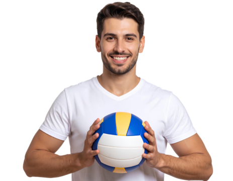 Young volleyball player wearing white shirt and smiling, isolated on transparent background.