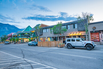 Jasper, Canada - July 17, 2024: Jasper town at sunset, showcasing vibrant colors and tranquil landscapes in the heart of nature