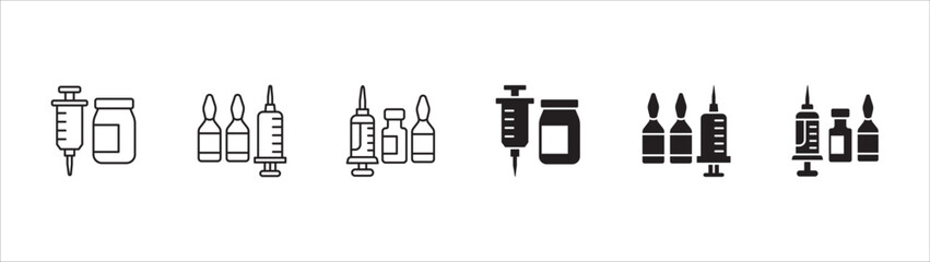 Syringe icon set. Vaccine injection icon. Syringe and medicine shot symbol. Icon symbol for drug, syringe collection, vaccine, ampoule. Vector illustration