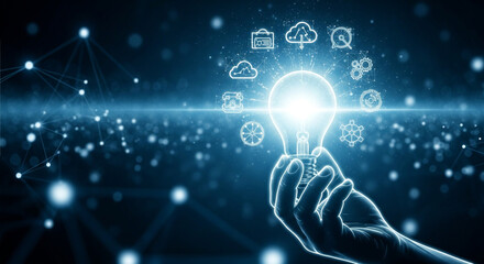 Hand holding a lightbulb surrounded by technology icons, representing innovation and digital solutions. Great for technology, business and creative concepts.