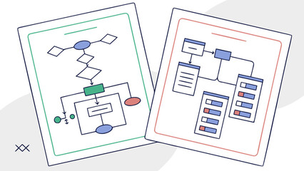 Two sheets displaying different diagrams and flowcharts with various shapes and connectors on a white background