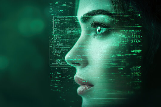 Digital portrait of woman with futuristic aesthetic, featuring green holographic data overlays and cybernetic theme, evokes sense of technology