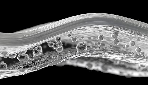 A microscopic view of a skin cell cross-section, showcasing a wavy, layered structure with numerous circular cells inside. A detailed, abstract black and white illustration on a dark background.